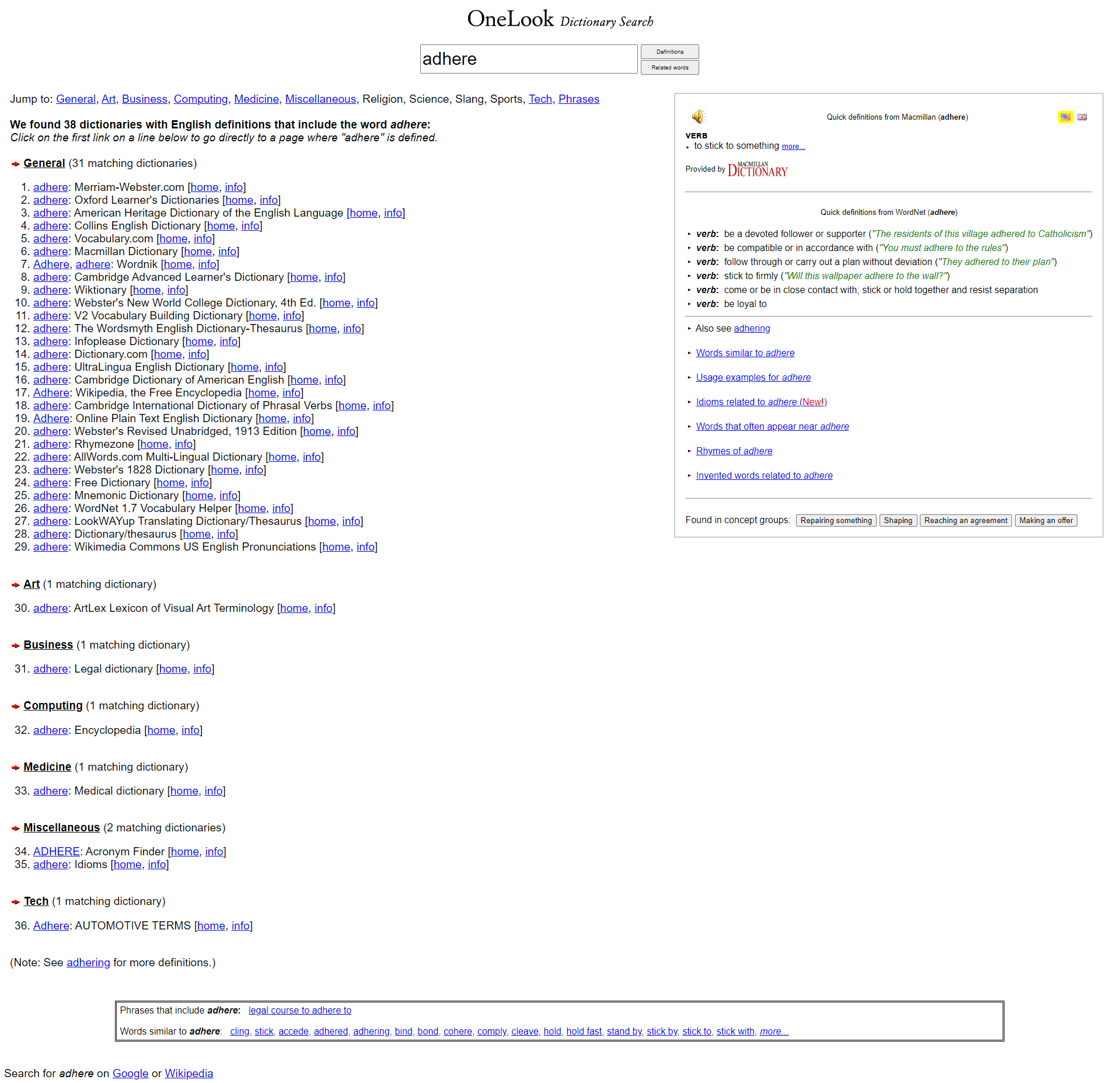 特許翻訳ブログ。OneLookでadhereを検索した結果。